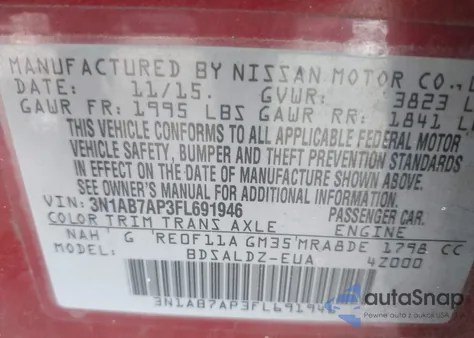 2015 Nissan Sentra Sv из США, поврежденный, VIN 3N1AB7AP3FL691946